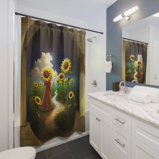 Shower Curtains - Alice in Wonderland Type Theme -Woman Walking Garden Path with Sunflower Umbrella