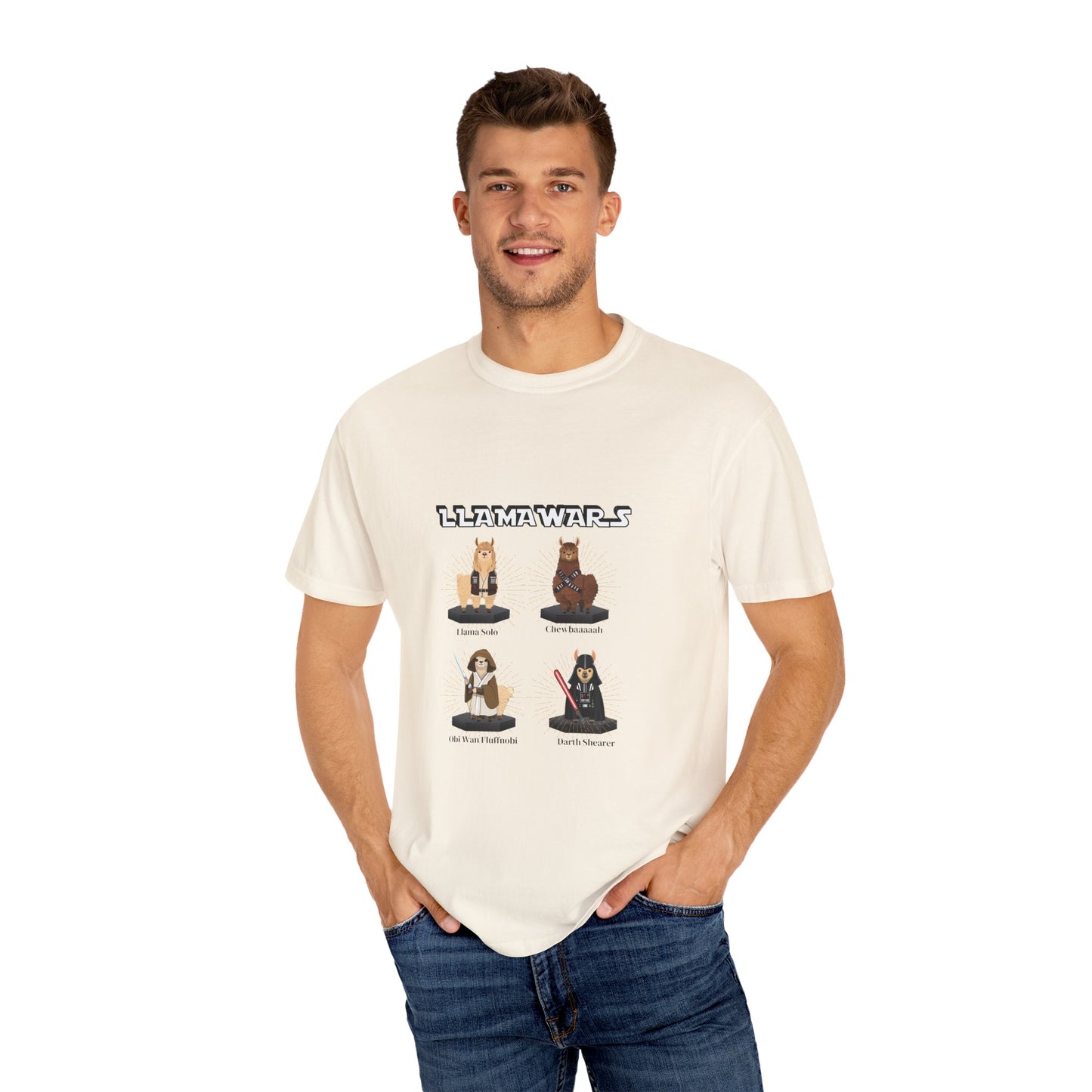 Llama Wars Intergalactic Llama Legends Shirt – Llama Solo, Chewbaaaaah, Obi Wan Fluffnobi & Darth Shearer Unisex T-Shirt - Fun Graphic Tee for Sci-Fi Fans