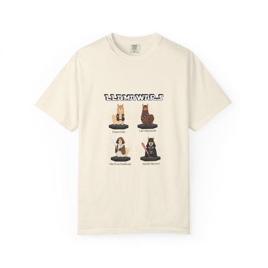 Llama Wars Intergalactic Llama Legends Shirt – Llama Solo, Chewbaaaaah, Obi Wan Fluffnobi & Darth Shearer Unisex T-Shirt - Fun Graphic Tee for Sci-Fi Fans