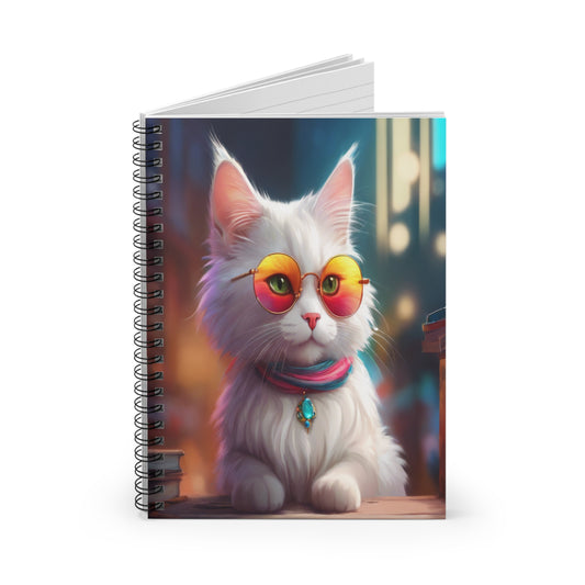 Spiral Notebook - White Cat with Retro Glasses and Outfit