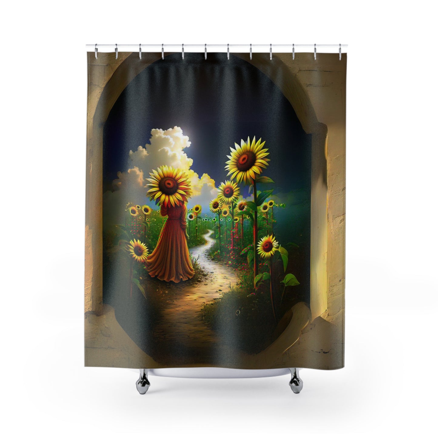 Shower Curtains - Alice in Wonderland Type Theme -Woman Walking Garden Path with Sunflower Umbrella