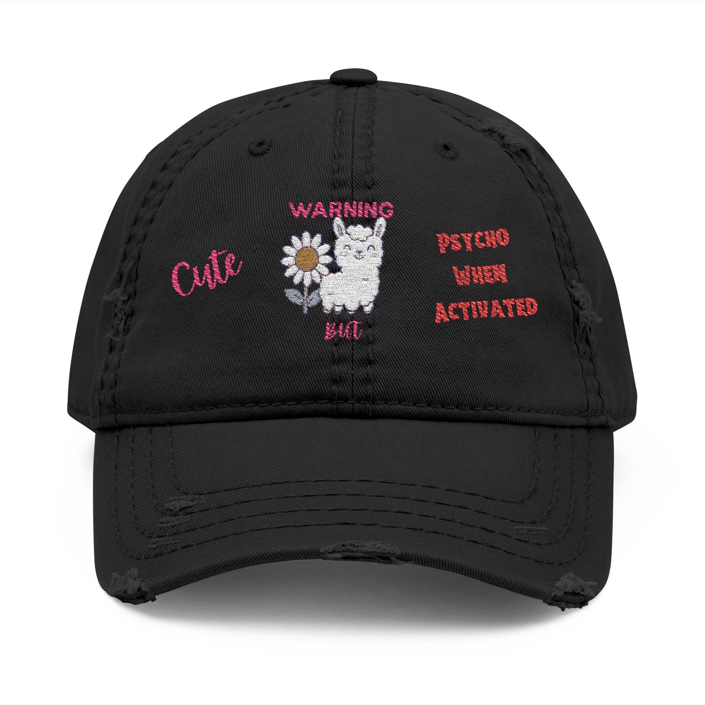 Playful Distressed Ball Cap Hat - 'Warning: Cute but Psycho When Activated' Llama and Sunflower Embroidery