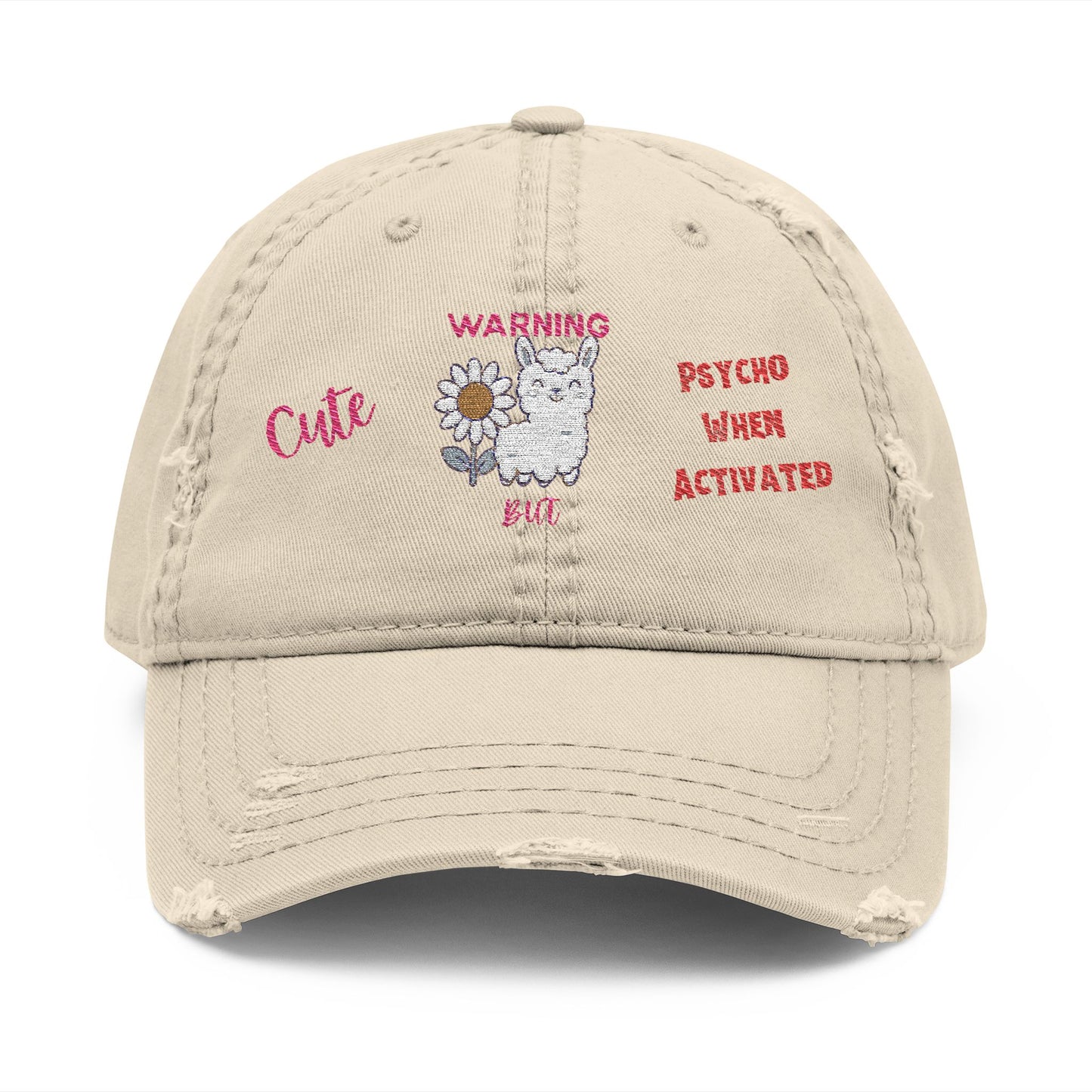 Playful Distressed Ball Cap Hat - 'Warning: Cute but Psycho When Activated' Llama and Sunflower Embroidery
