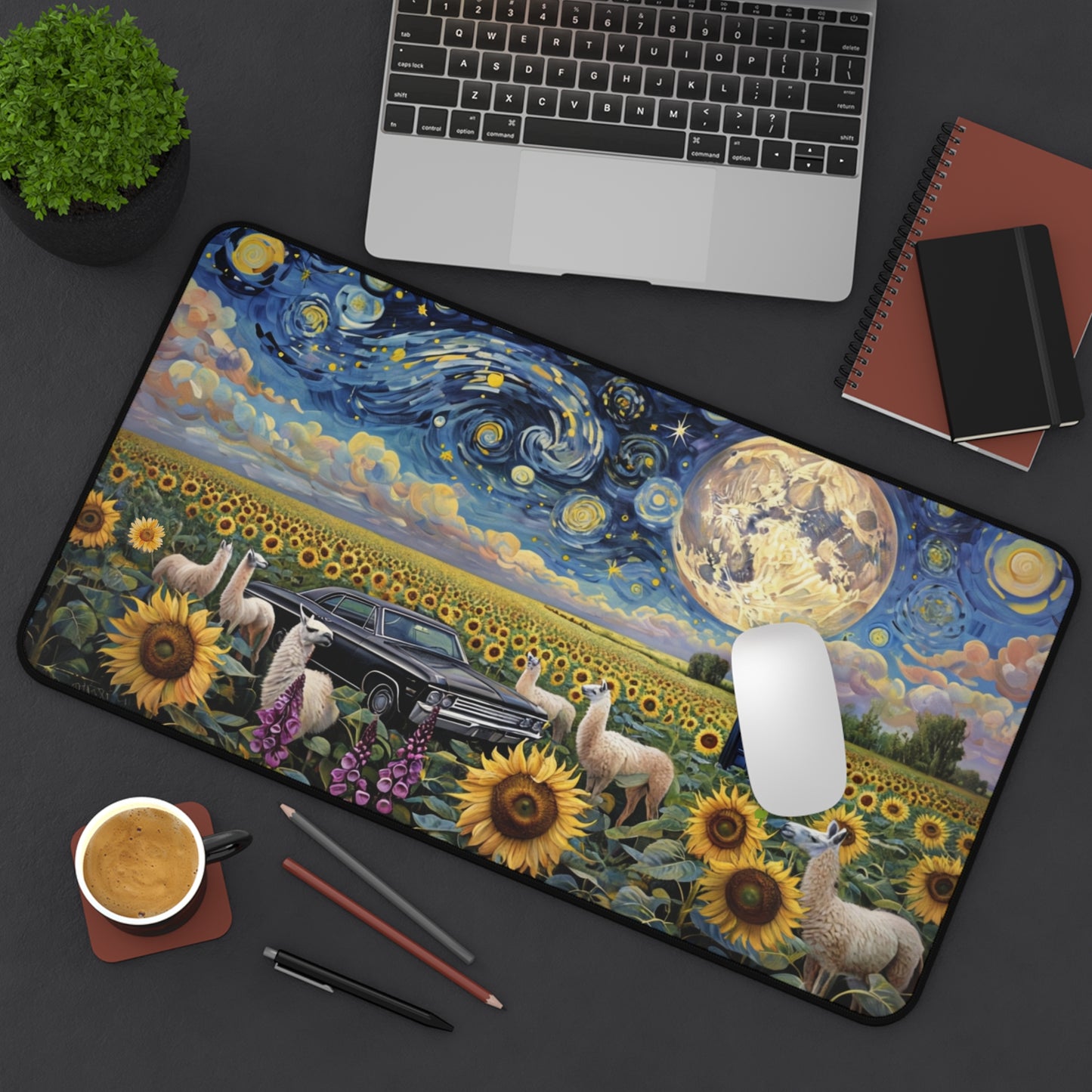 Custom Geek Themed Desk Mat-Starry Night with Tardis and 1967 Chevy Impala in Field of Sunflowers and Llamas