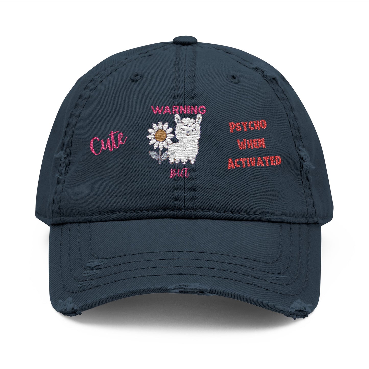 Playful Distressed Ball Cap Hat - 'Warning: Cute but Psycho When Activated' Llama and Sunflower Embroidery