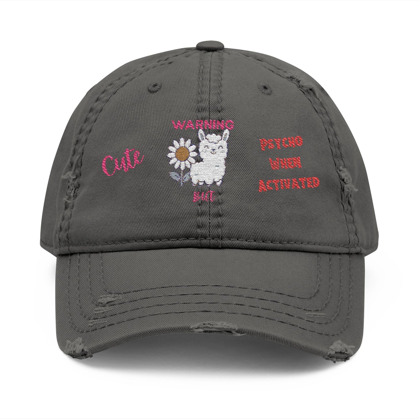 Playful Distressed Ball Cap Hat - 'Warning: Cute but Psycho When Activated' Llama and Sunflower Embroidery