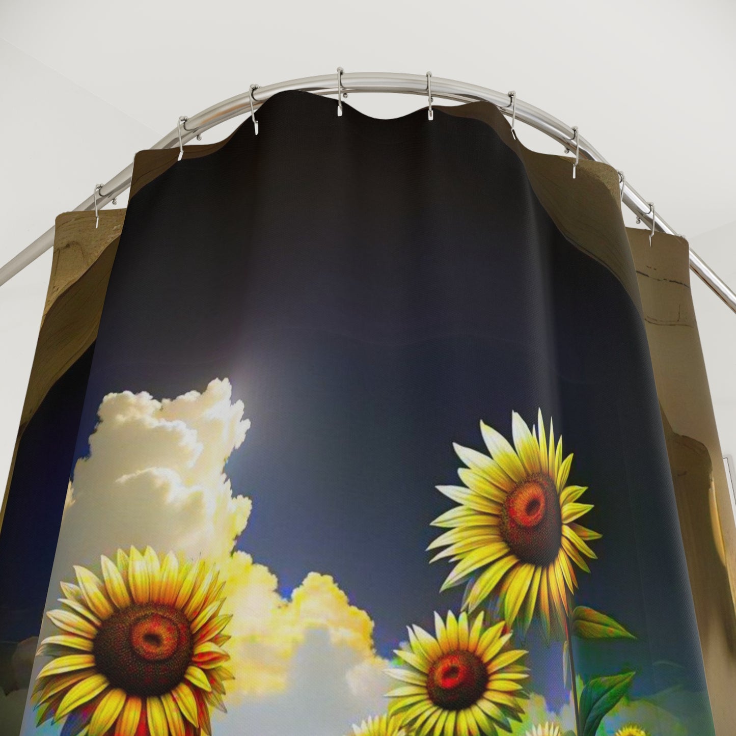 Shower Curtains - Alice in Wonderland Type Theme -Woman Walking Garden Path with Sunflower Umbrella