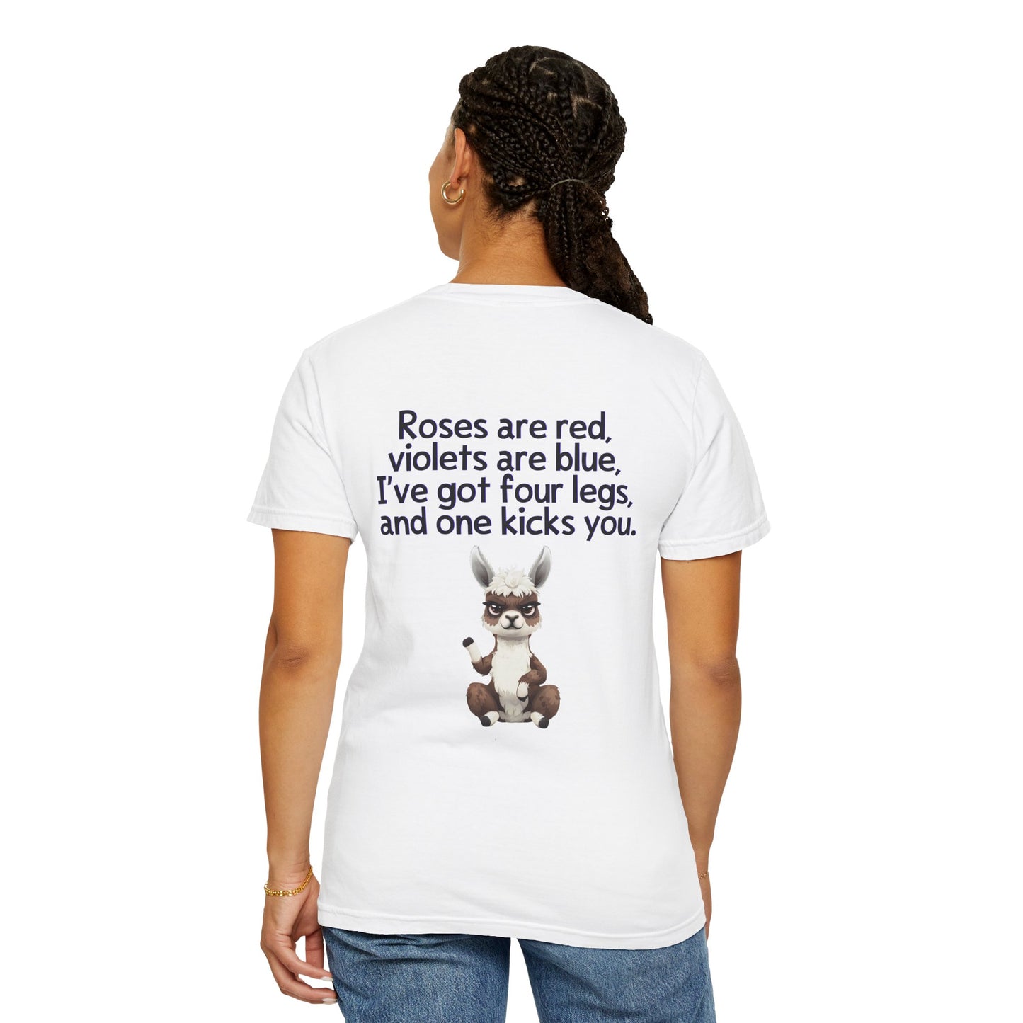 Funny Animal T-shirt - 'Roses are red, Violets are blue, I've Got Four Legs and One Kicks You" Llama fun Sarcasm apparel