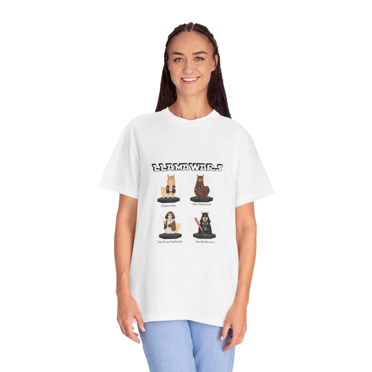 Llama Wars Intergalactic Llama Legends Shirt – Llama Solo, Chewbaaaaah, Obi Wan Fluffnobi & Darth Shearer Unisex T-Shirt - Fun Graphic Tee for Sci-Fi Fans