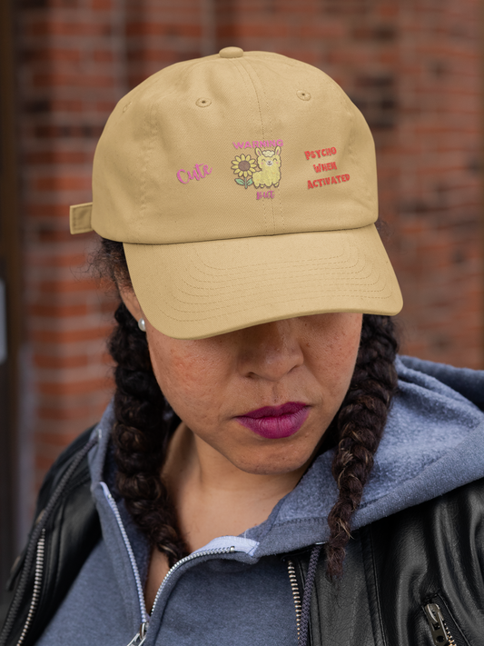 Playful Distressed Ball Cap Hat - 'Warning: Cute but Psycho When Activated' Llama and Sunflower Embroidery