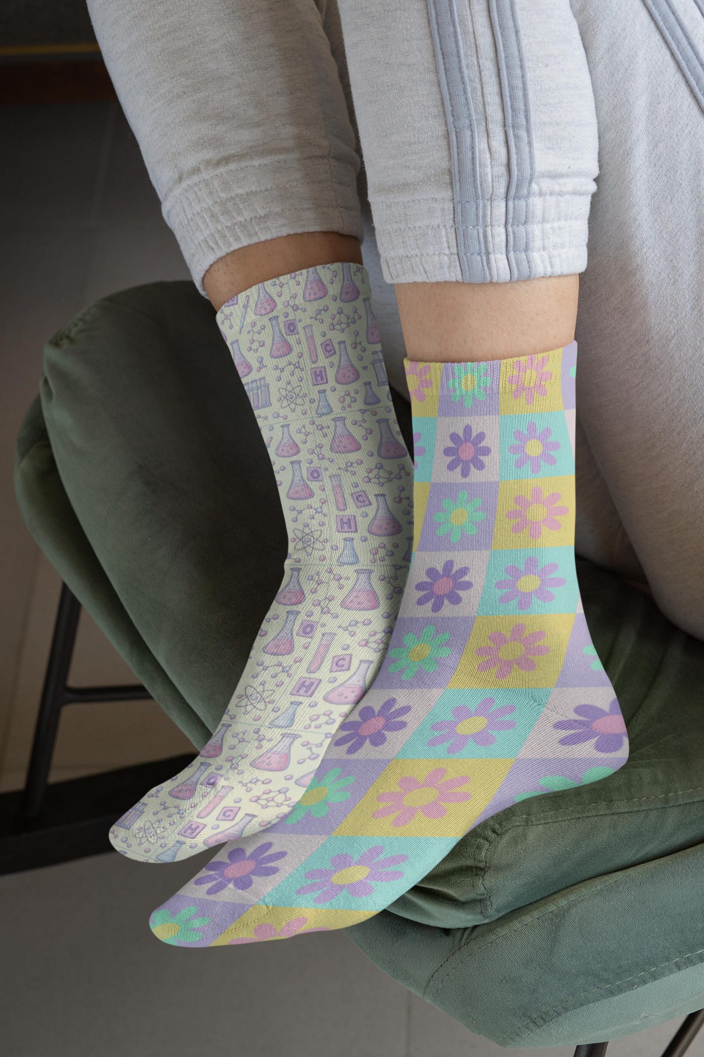 Fluffernutter’s Mismatched Socks: Colorful Floral & Science Patterns