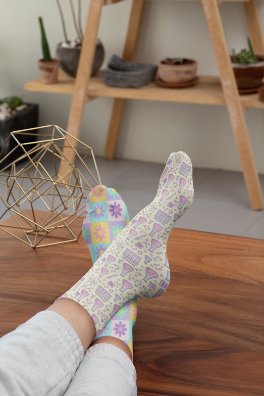 Fluffernutter’s Mismatched Socks: Colorful Floral & Science Patterns