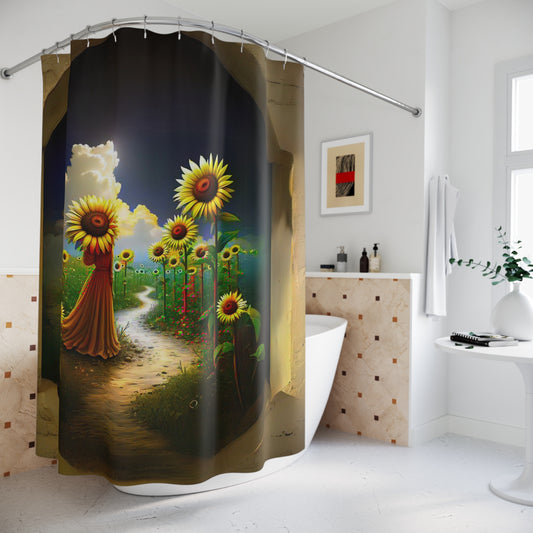 Shower Curtains - Alice in Wonderland Type Theme -Woman Walking Garden Path with Sunflower Umbrella