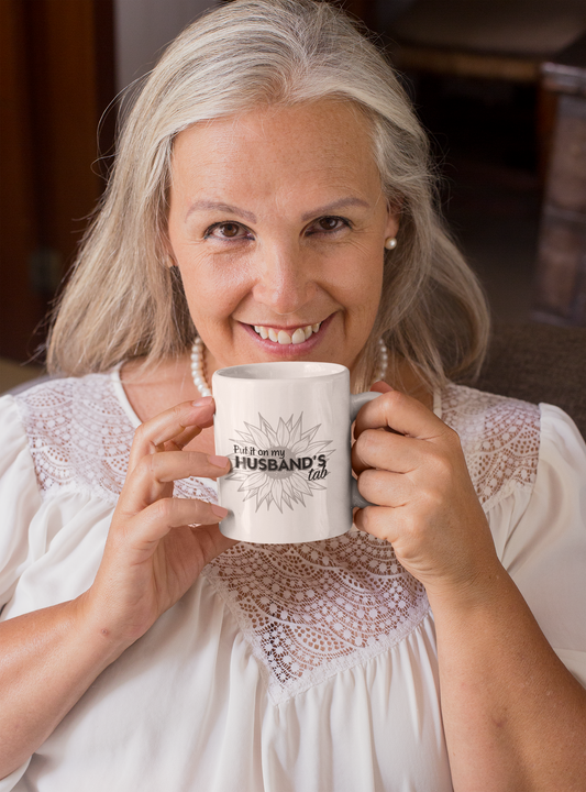 Fun Sunflower Tea & Coffee Mug - "Put it on my HUSBAND'S tab" - Perfect Gift for Spouses & Occasions