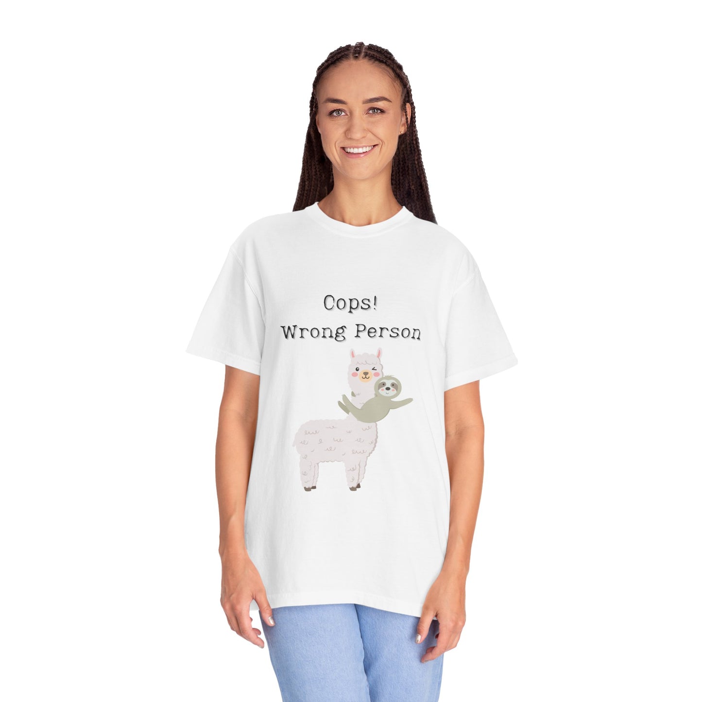 Funny Unisex T-Shirt - "Oops! Wrong Person" with llama and sloth waving