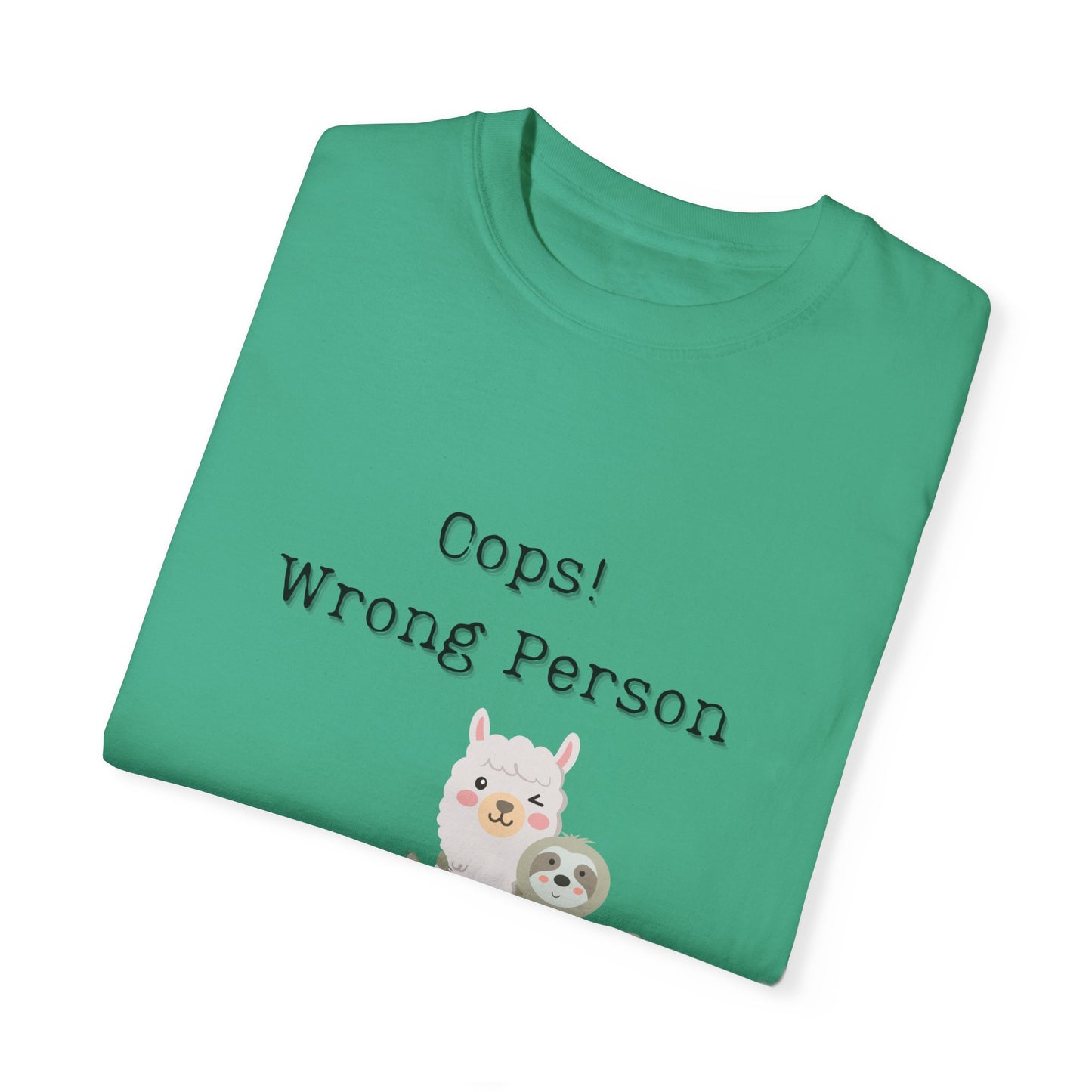 Funny Unisex T-Shirt - "Oops! Wrong Person" with llama and sloth waving