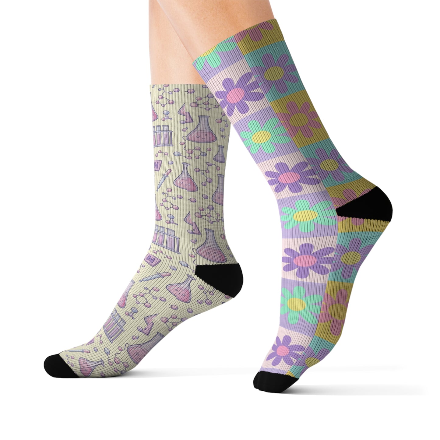 Fluffernutter’s Mismatched Socks: Colorful Floral & Science Patterns