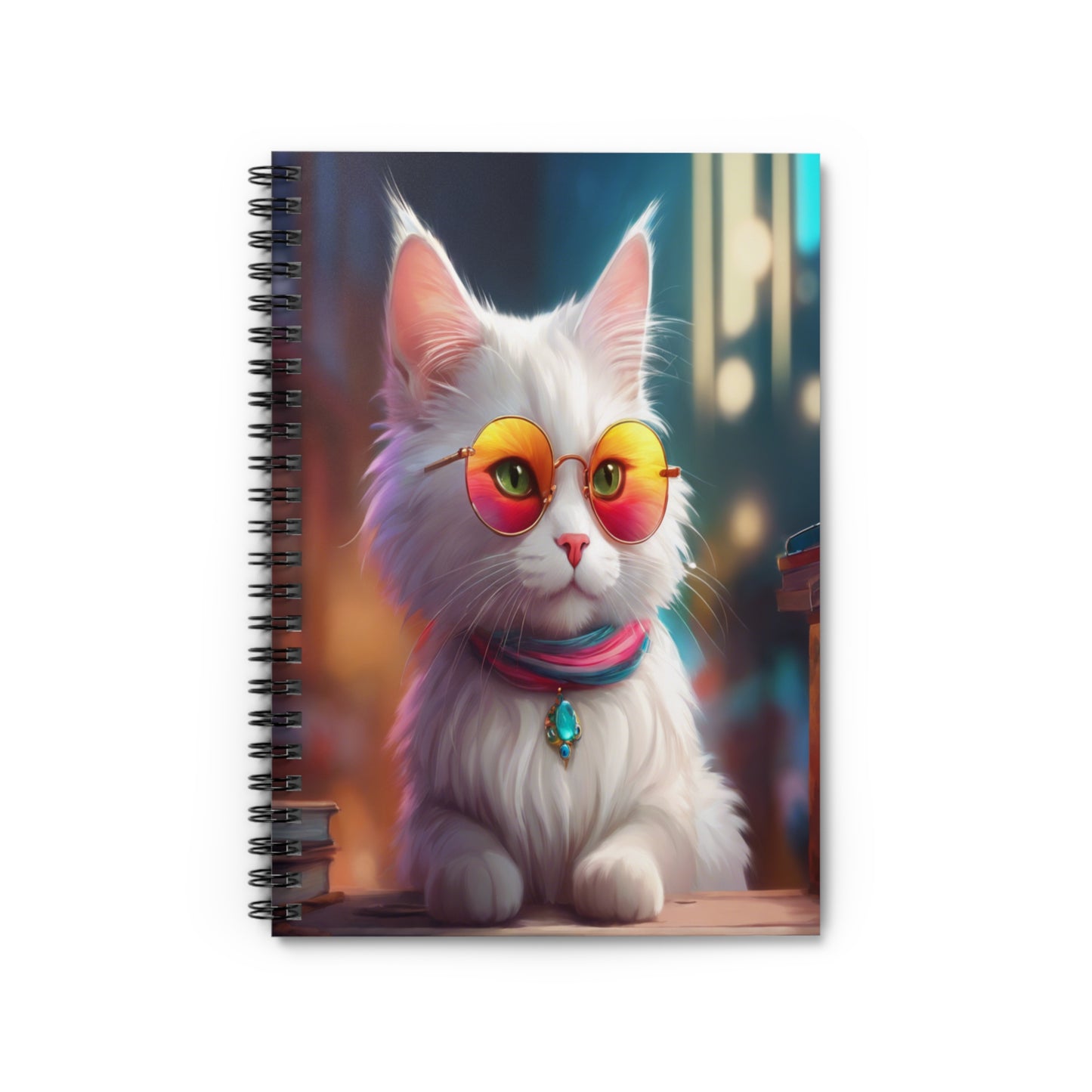 Spiral Notebook - White Cat with Retro Glasses and Outfit