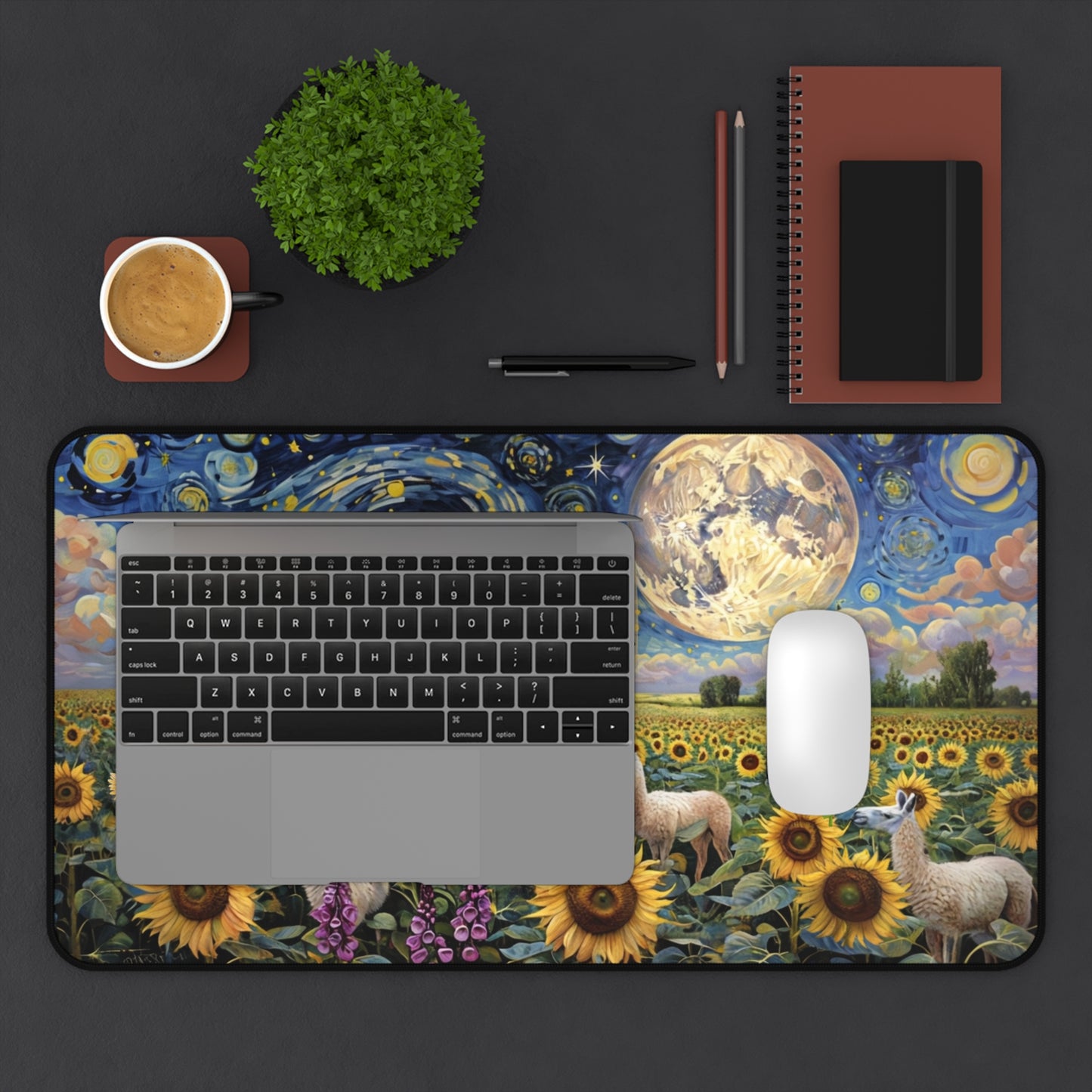 Stephanie's Custom Geek Themed Desk Mat-Starry Night with Tardis and 1967 Chevy Impala in Field of Sunflowers and Llamas
