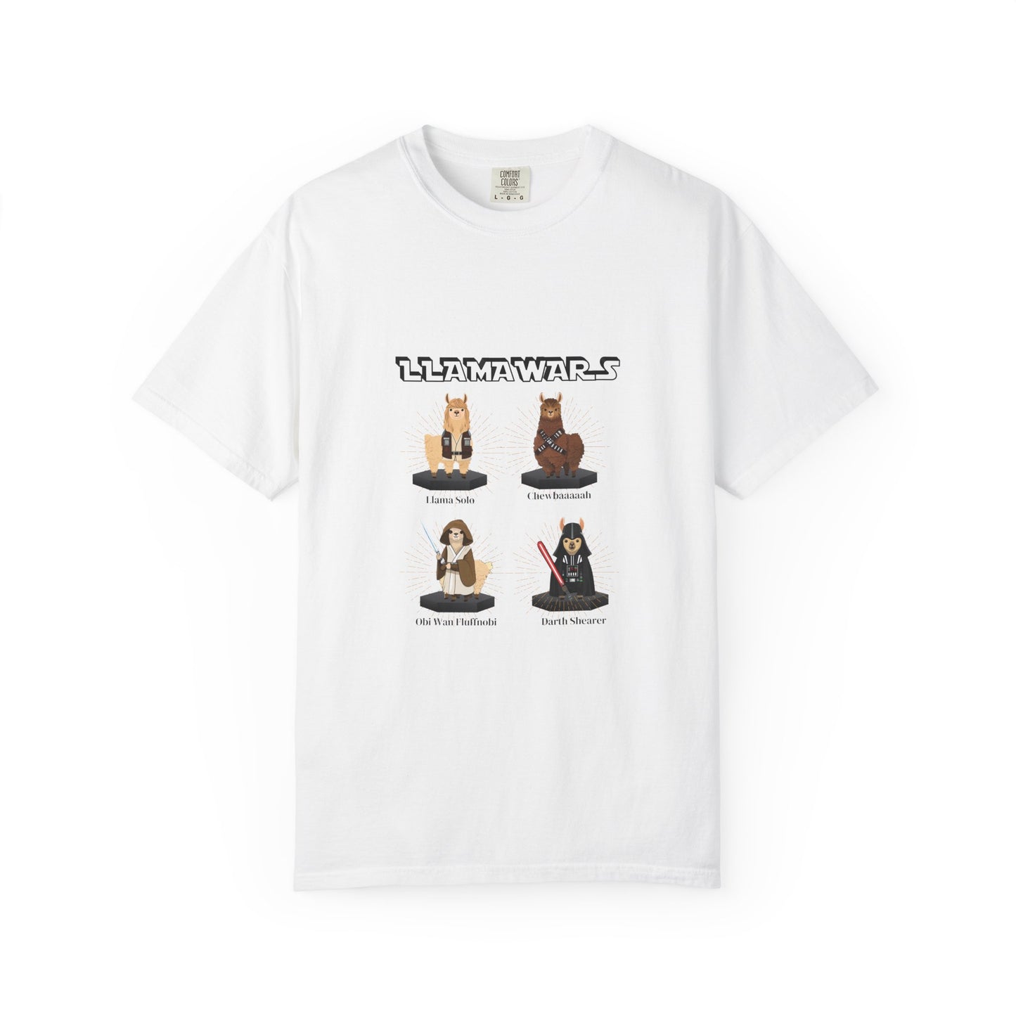 Llama Wars Intergalactic Llama Legends Shirt – Llama Solo, Chewbaaaaah, Obi Wan Fluffnobi & Darth Shearer Unisex T-Shirt - Fun Graphic Tee for Sci-Fi Fans