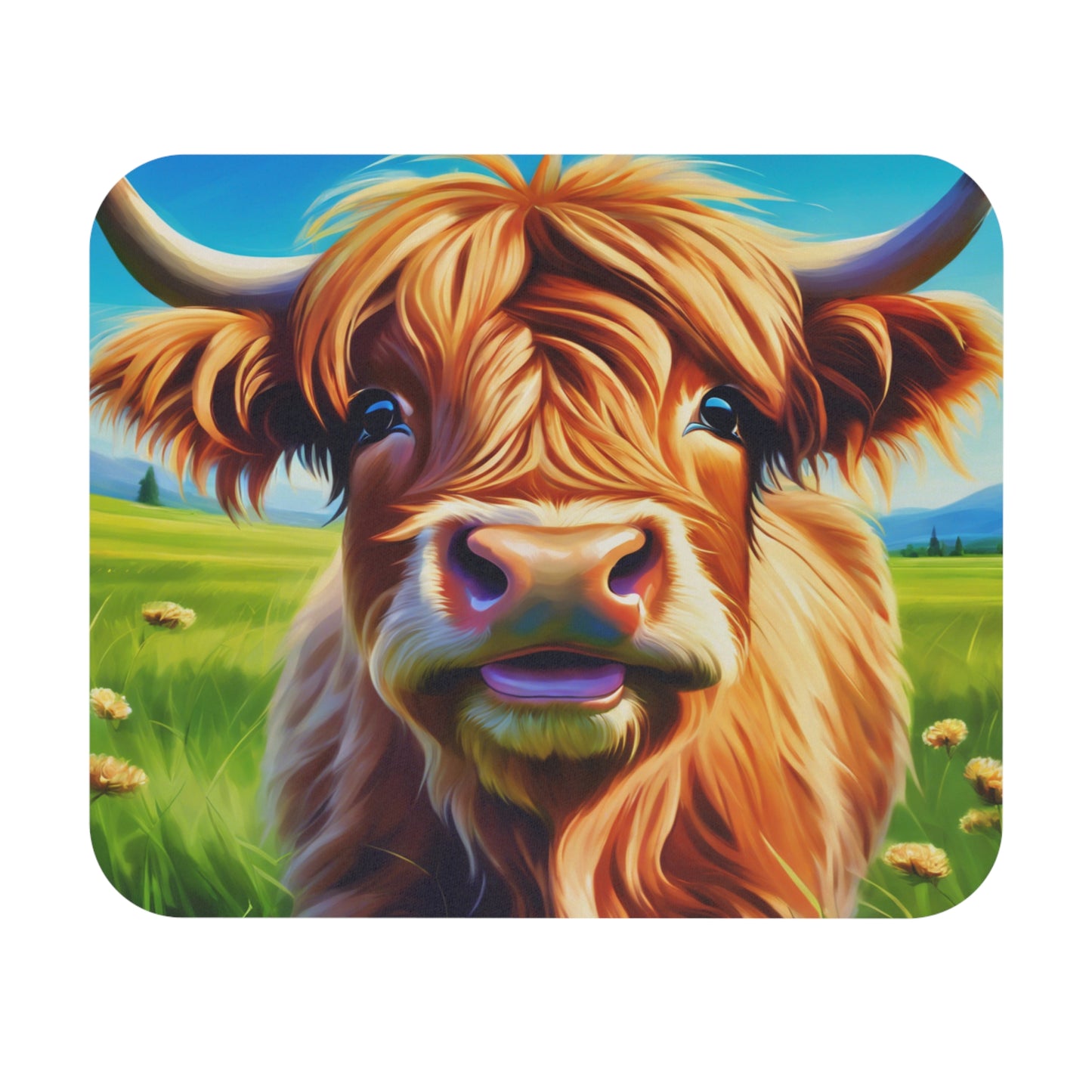 Mouse Pad - Highland Cow in Colorful Field with Expressive Eyes