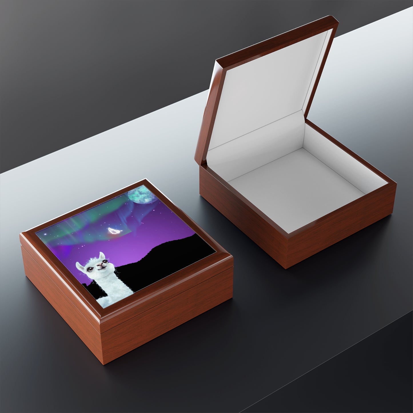 Mystical Magical Llama and Butterfly Themed Jewelry Box with Night sky Galaxy Design - Perfect Gift for Animal Lovers