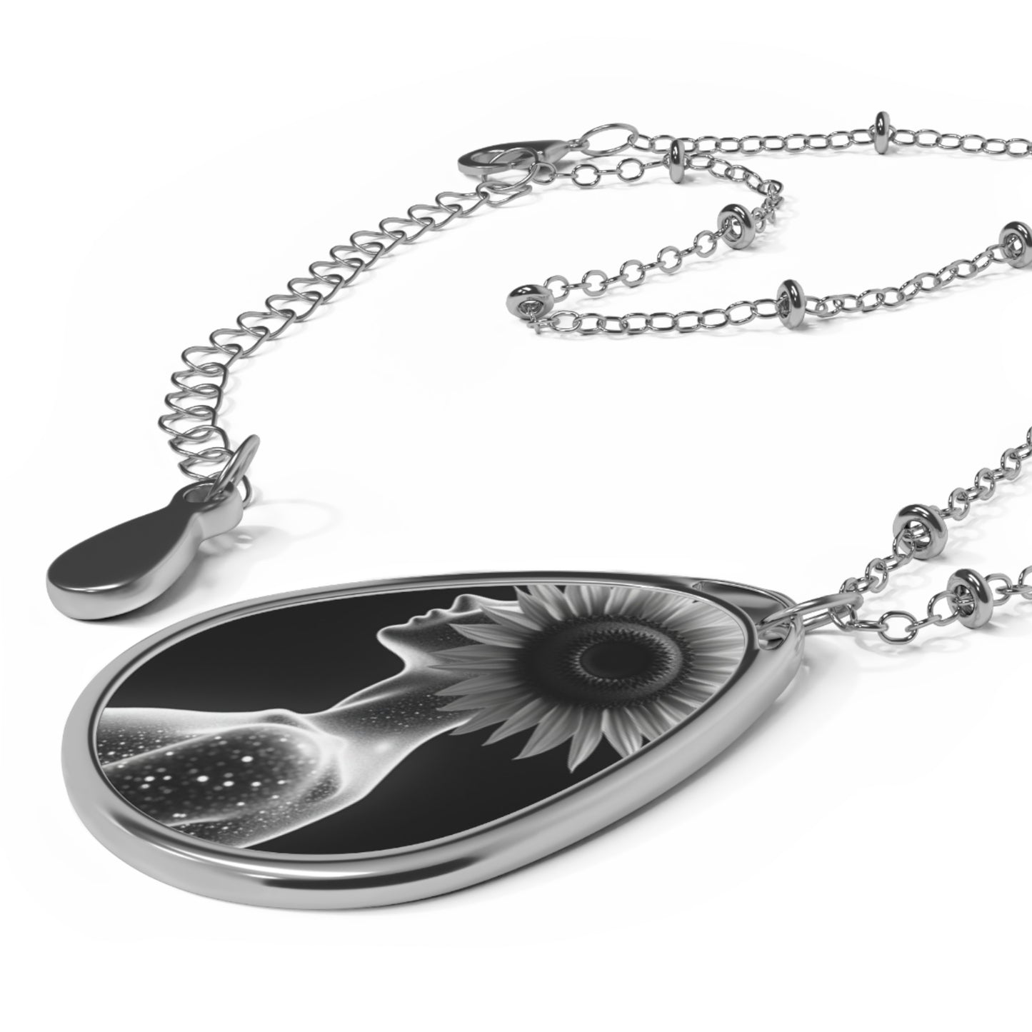 Sunflower Silhouette Oval Necklace - Boho Jewelry Gift for Nature Lovers