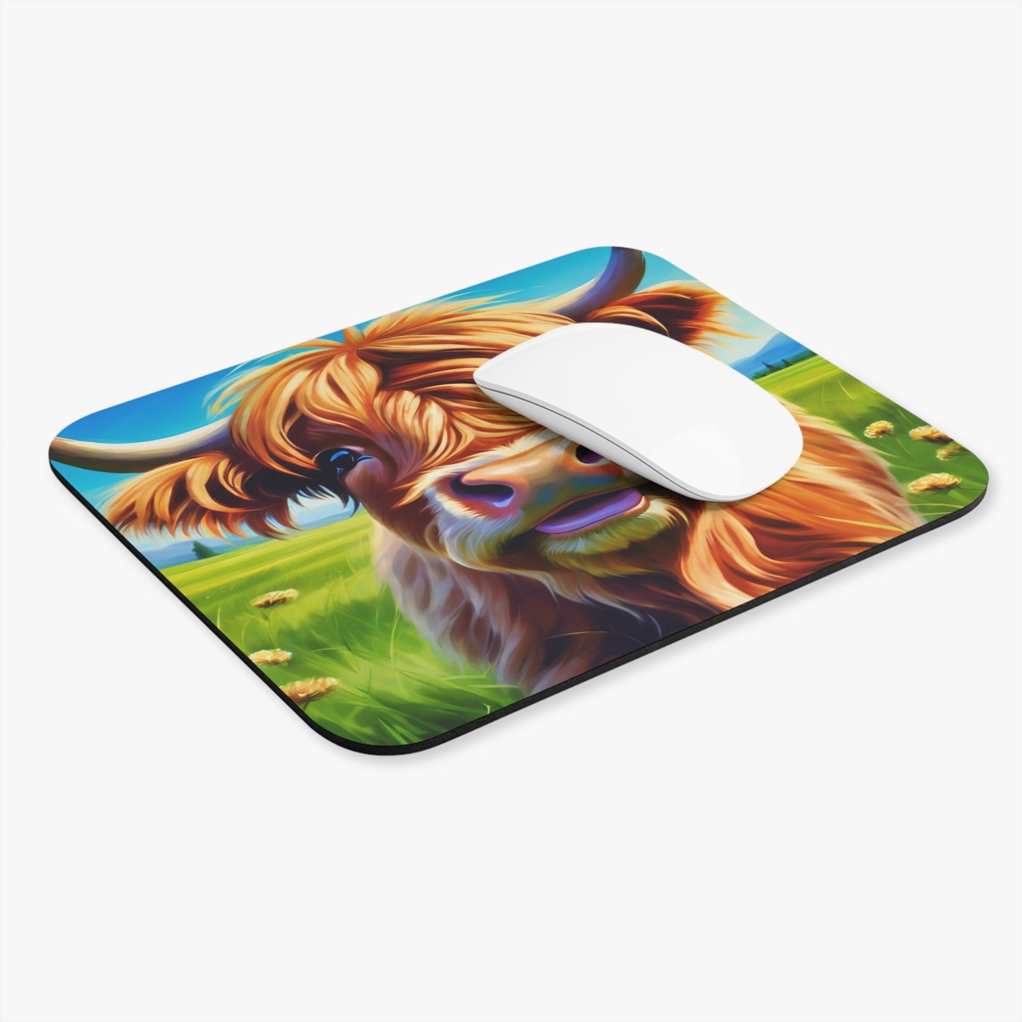 Mouse Pad - Highland Cow in Colorful Field with Expressive Eyes