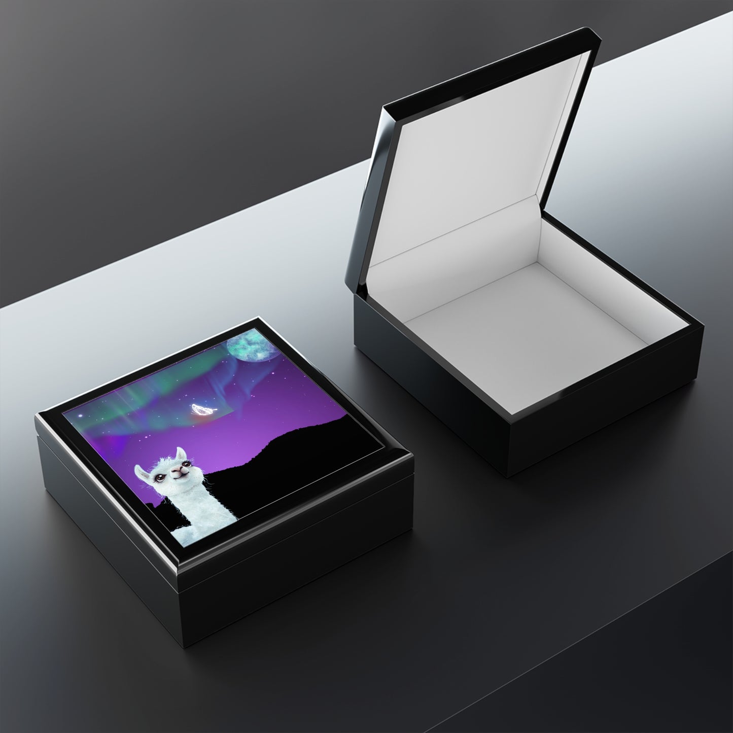 Mystical Magical Llama and Butterfly Themed Jewelry Box with Night sky Galaxy Design - Perfect Gift for Animal Lovers