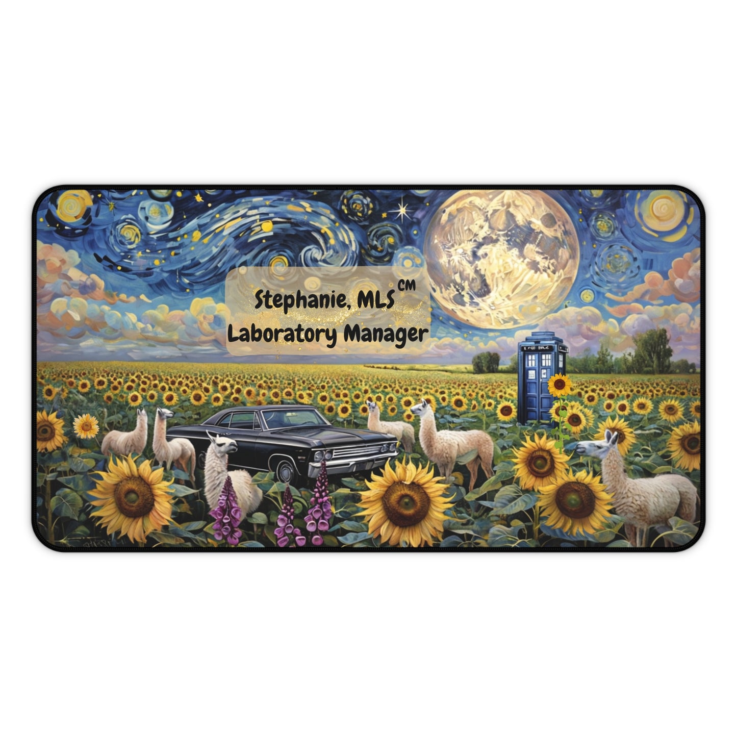 Stephanie's Custom Geek Themed Desk Mat-Starry Night with Tardis and 1967 Chevy Impala in Field of Sunflowers and Llamas