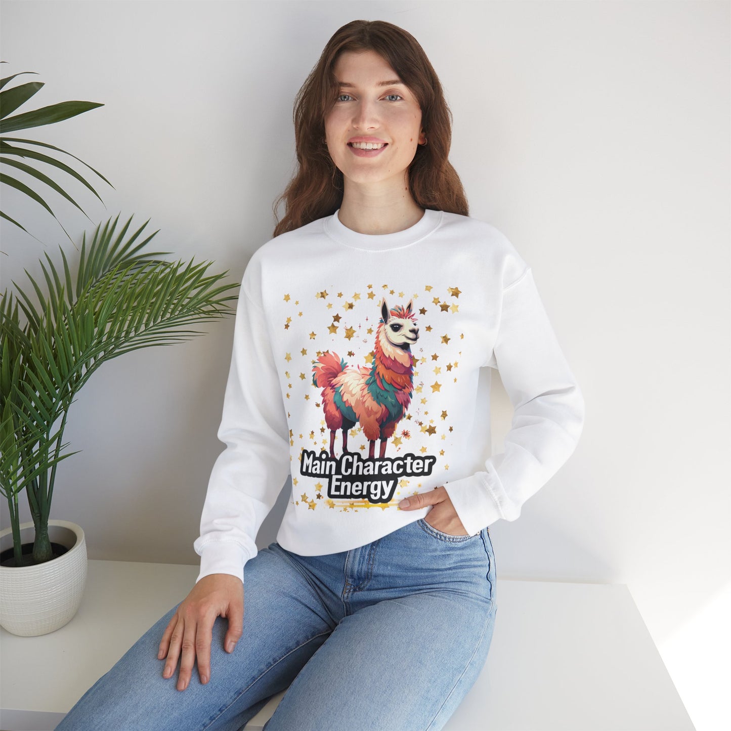 Crewneck Sweatshirt - Main Character Energy with Llama and Sparkles Design