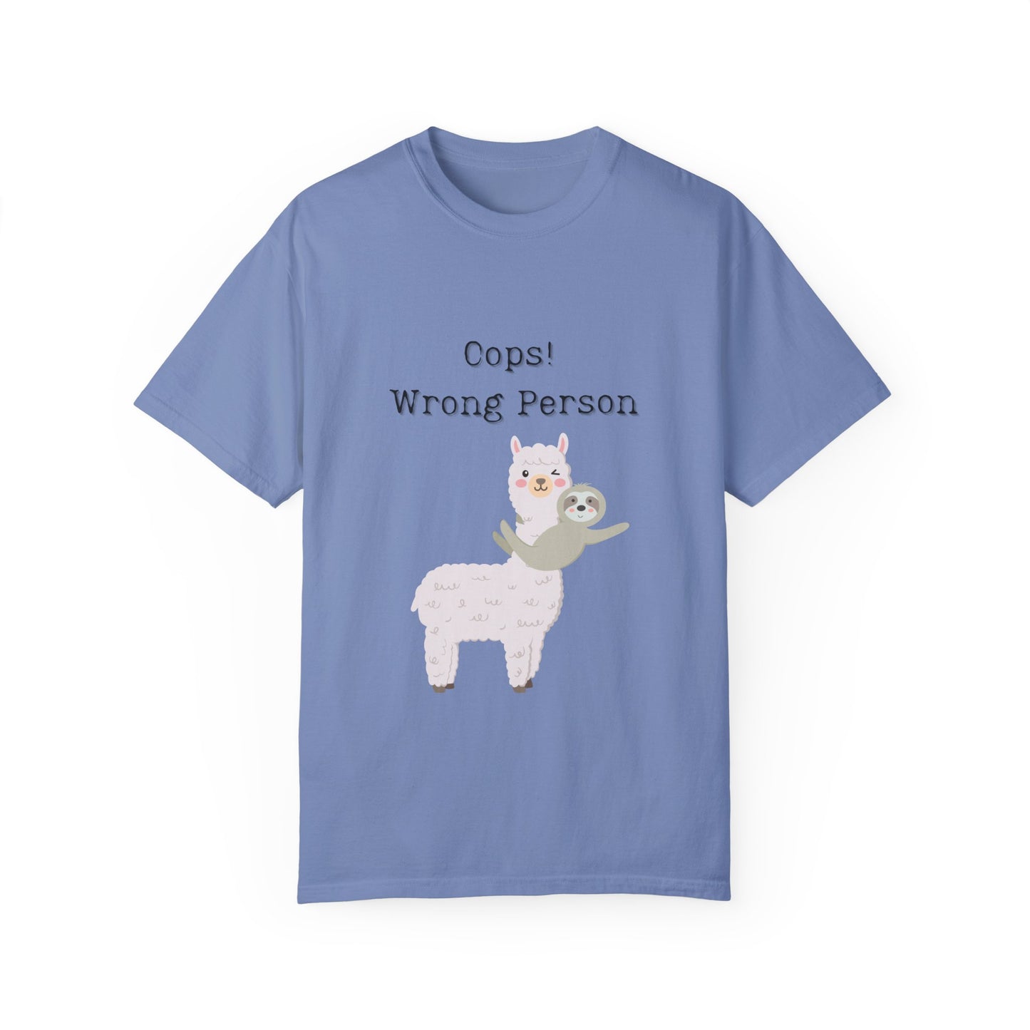 Funny Unisex T-Shirt - "Oops! Wrong Person" with llama and sloth waving