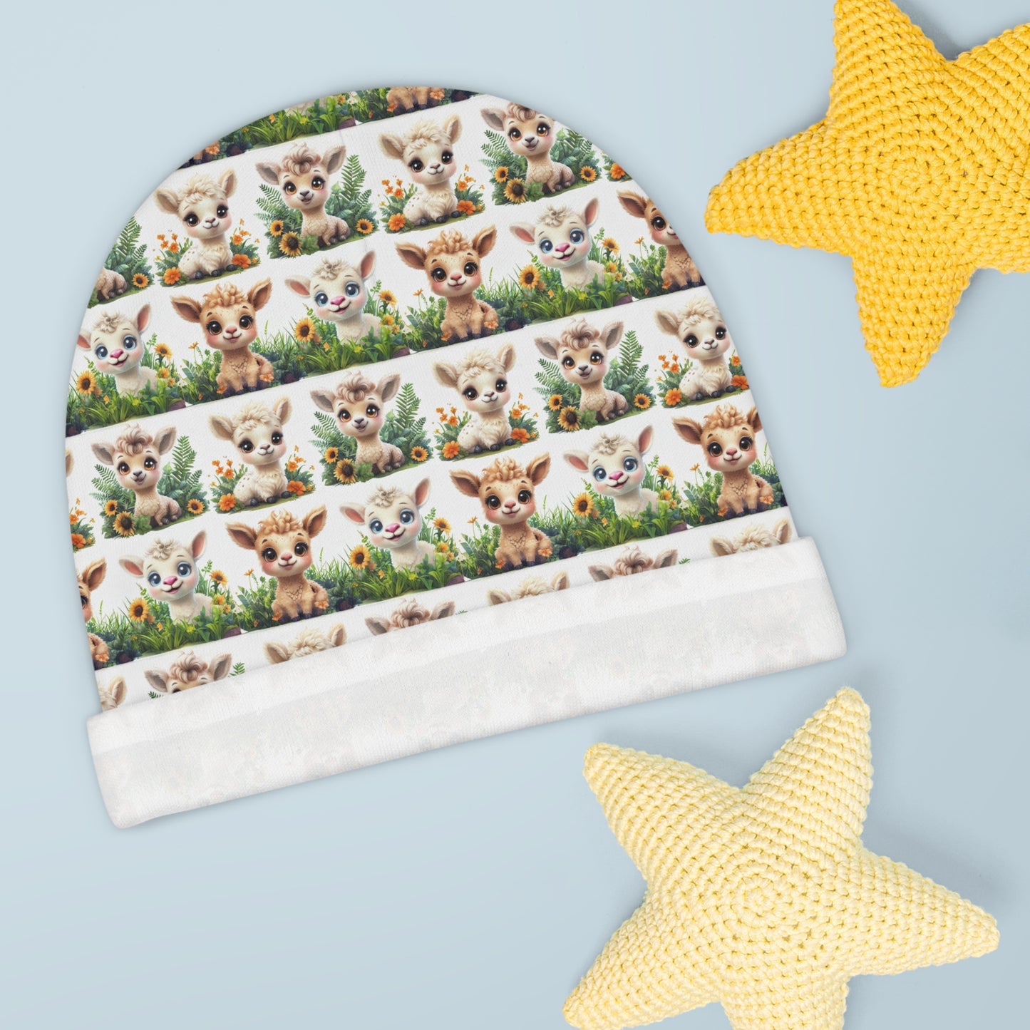 Adorable Baby Beanie with Whimsical Baby Llama and Sunflower Design - Perfect for Infants