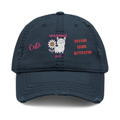 Playful Distressed Ball Cap Hat - 'Warning: Cute but Psycho When Activated' Llama and Sunflower Embroidery