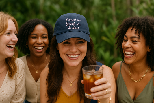 Sweet Tea and Sass Southern Life Trendy, Stylish and Sassy hat for bad hair days. Embroidered Baseball Cap Distressed “Raised on Sweet Tea and Sass” Adjustable Hat for Women