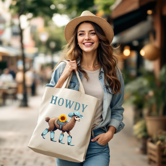 Howdy Llama Cowboy Theme Canvas Tote Bag with 5-Color Straps - Fun & Functional Eco-Friendly Shopping Bag