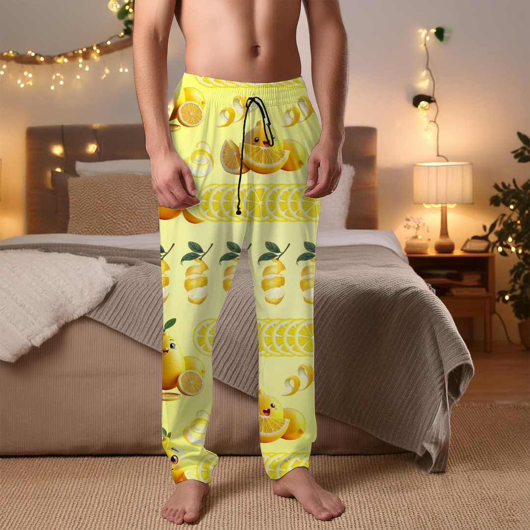 Refreshing Lemon Print Men's Pajama Pants | Relax in Style Happy Lemons design