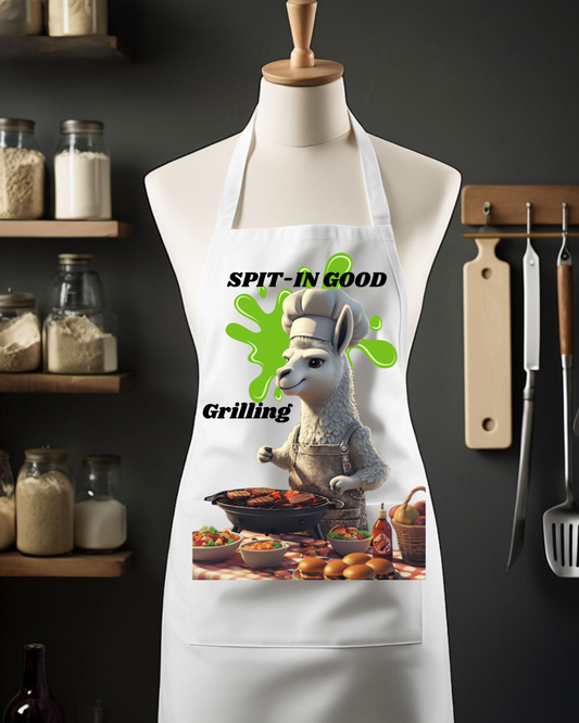 Chef Llama Apron - Spit-In Good Grilling Design | Fun & Functional Kitchen Wear- Fun Cooking Gift for Foodies and Llama Lovers