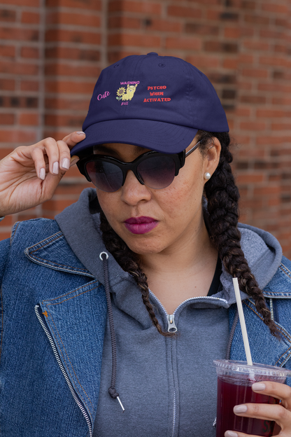 Playful Distressed Ball Cap Hat - 'Warning: Cute but Psycho When Activated' Llama and Sunflower Embroidery