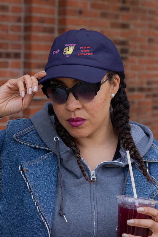 Playful Distressed Ball Cap Hat - 'Warning: Cute but Psycho When Activated' Llama and Sunflower Embroidery