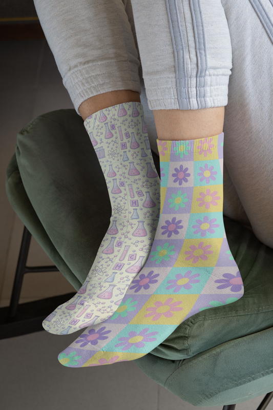 Fluffernutter’s Mismatched Socks: Colorful Floral & Science Patterns