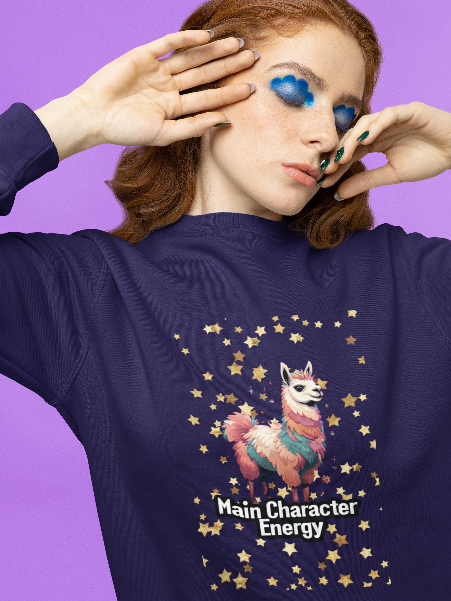 Crewneck Sweatshirt - Main Character Energy with Llama and Sparkles Design