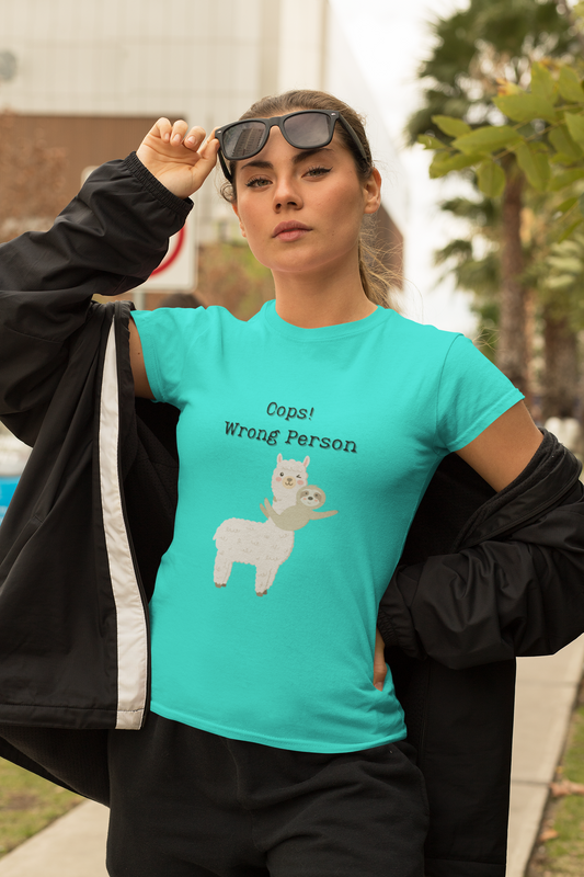 Funny Unisex T-Shirt - "Oops! Wrong Person" with llama and sloth waving